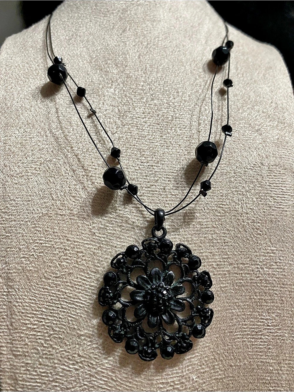NT Black Floral Pendant Necklace